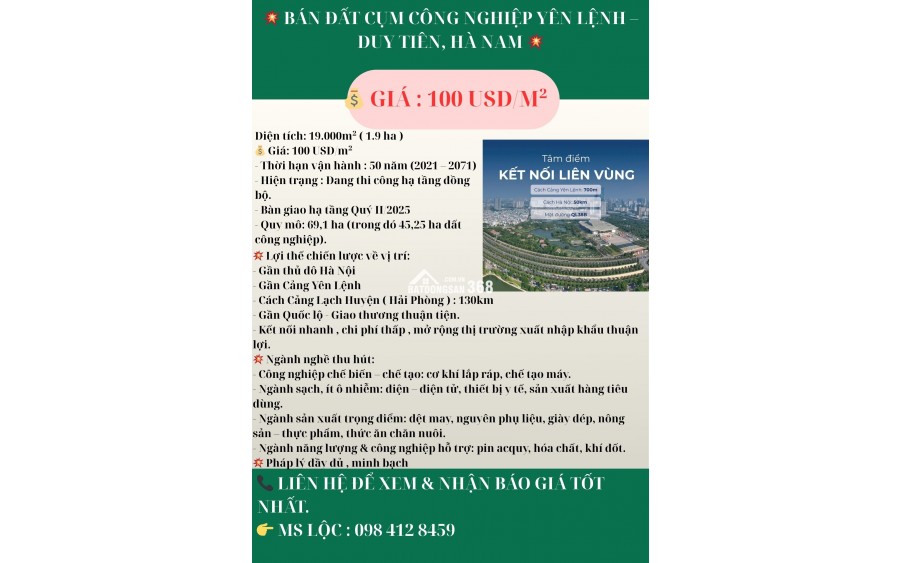  BÁN ĐẤT CỤM CÔNG NGHIỆP YÊN LỆNH – DUY TIÊN, HÀ NAM  - DIỆN TÍCH 1.9 HA 